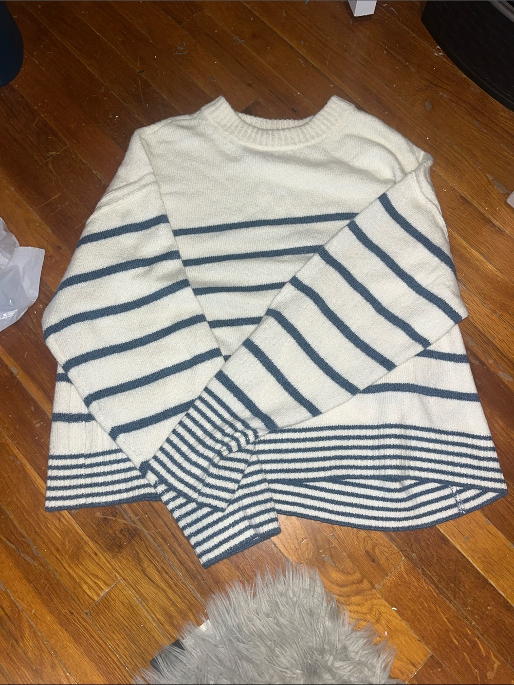 American Eagle Outfitters Cream and Navy Striped Crewneck Sweater